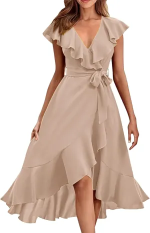 2025 Summer Dresses Women Wrap Midi Dress Casual Boho Deep Vneck Short Sleeve Ruffle Hem Split Beach Flowy Long Skirt