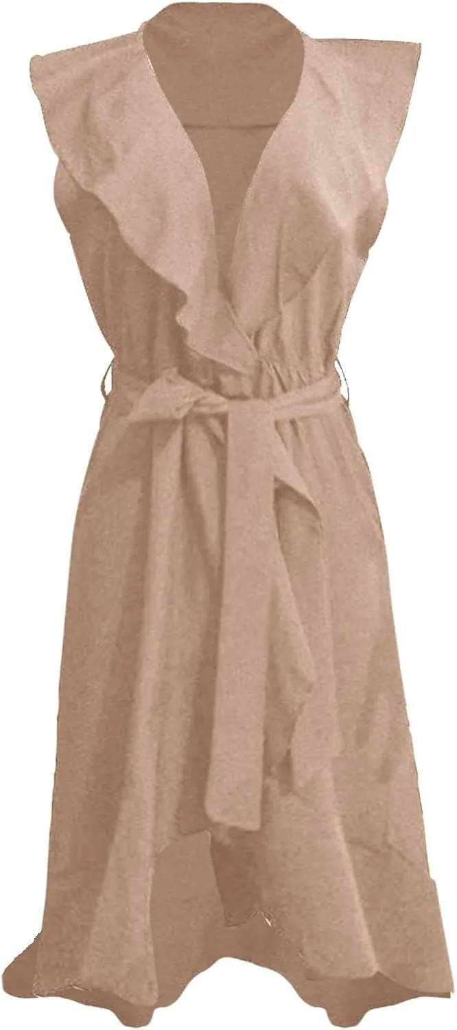 2025 Summer Dresses Women Wrap Midi Dress Casual Boho Deep Vneck Short Sleeve Ruffle Hem Split Beach Flowy Long Skirt