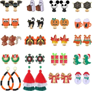 20Pairs Halloween Christmas Thanksgiving Clip on Earrings Set for Women Teen Holiday Jewelry Ghost Pumpkin Bat Earrings Christmas Tree Snowflake Earrings Squirrel Maple Leaf Turkey Fall Earrings