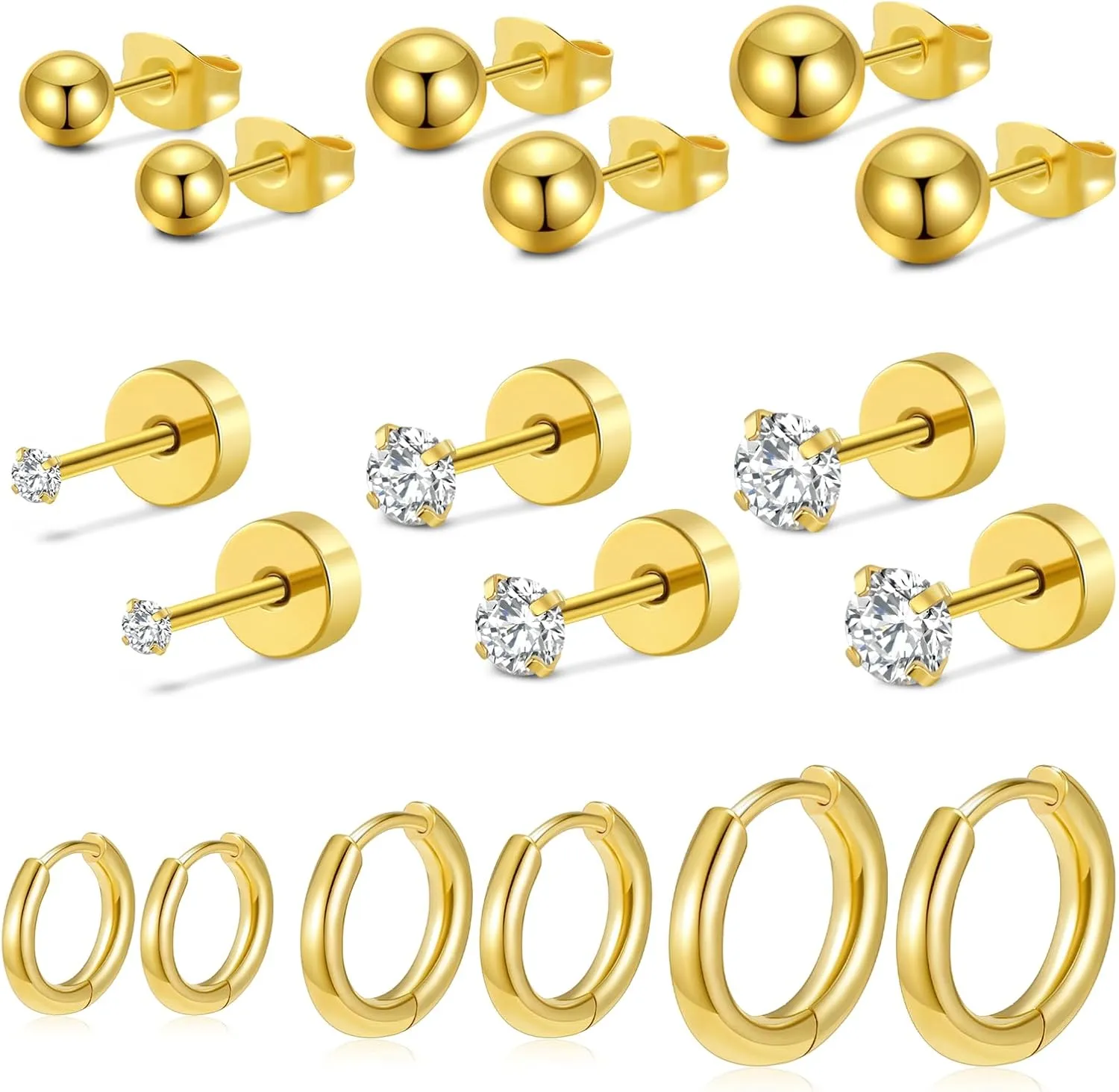 2/3/4mm Flat Back Earrings for Women Men 14k Gold Plated Surgical Steel Stud Earrings Flat Back Cubic Zirconia Earrings for Helix Cartilage Tragus Earlobe Piercing Jewelry