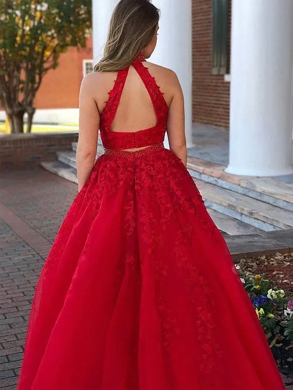 A-Line/Princess Sleeveless Halter Beading Tulle Floor-Length Two Piece Dresses