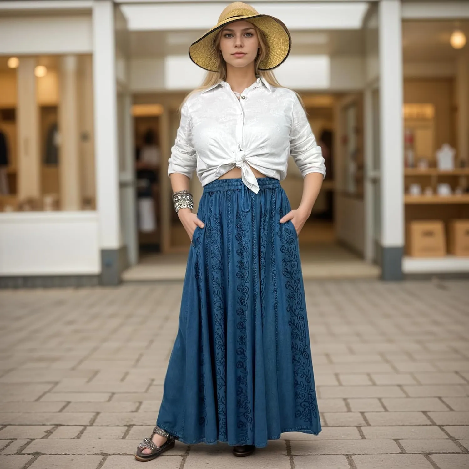 Agan Traders Women's 2025 Summer A Line Flared Floral Embroidered Panel Flowy High Waisted Maxi Skirt