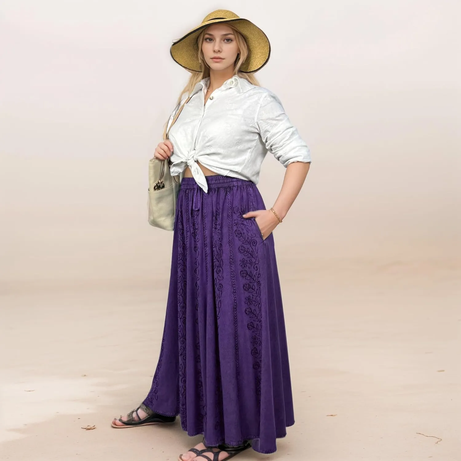 Agan Traders Women's 2025 Summer A Line Flared Floral Embroidered Panel Flowy High Waisted Maxi Skirt