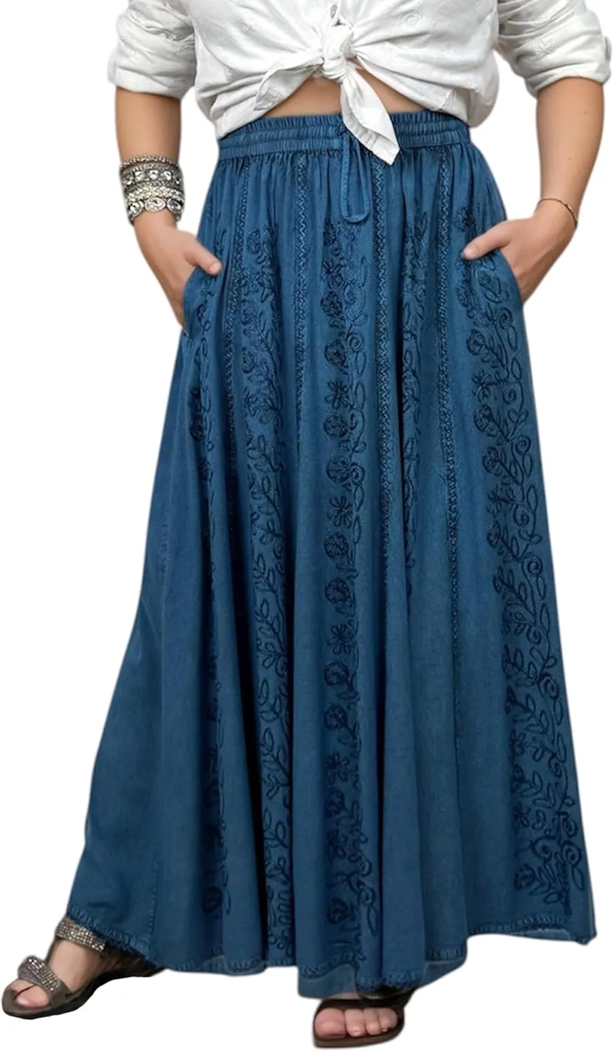 Agan Traders Women's 2025 Summer A Line Flared Floral Embroidered Panel Flowy High Waisted Maxi Skirt