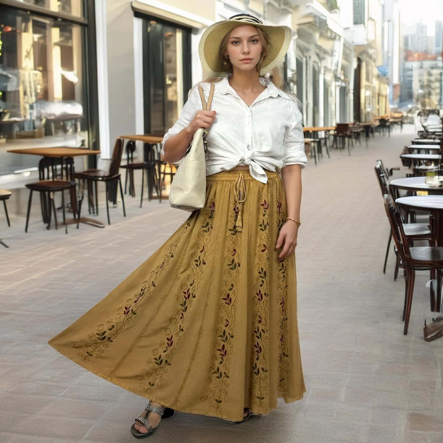 Agan Traders Women's 2025 Summer A Line Flared Floral Embroidered Panel Flowy High Waisted Maxi Skirt