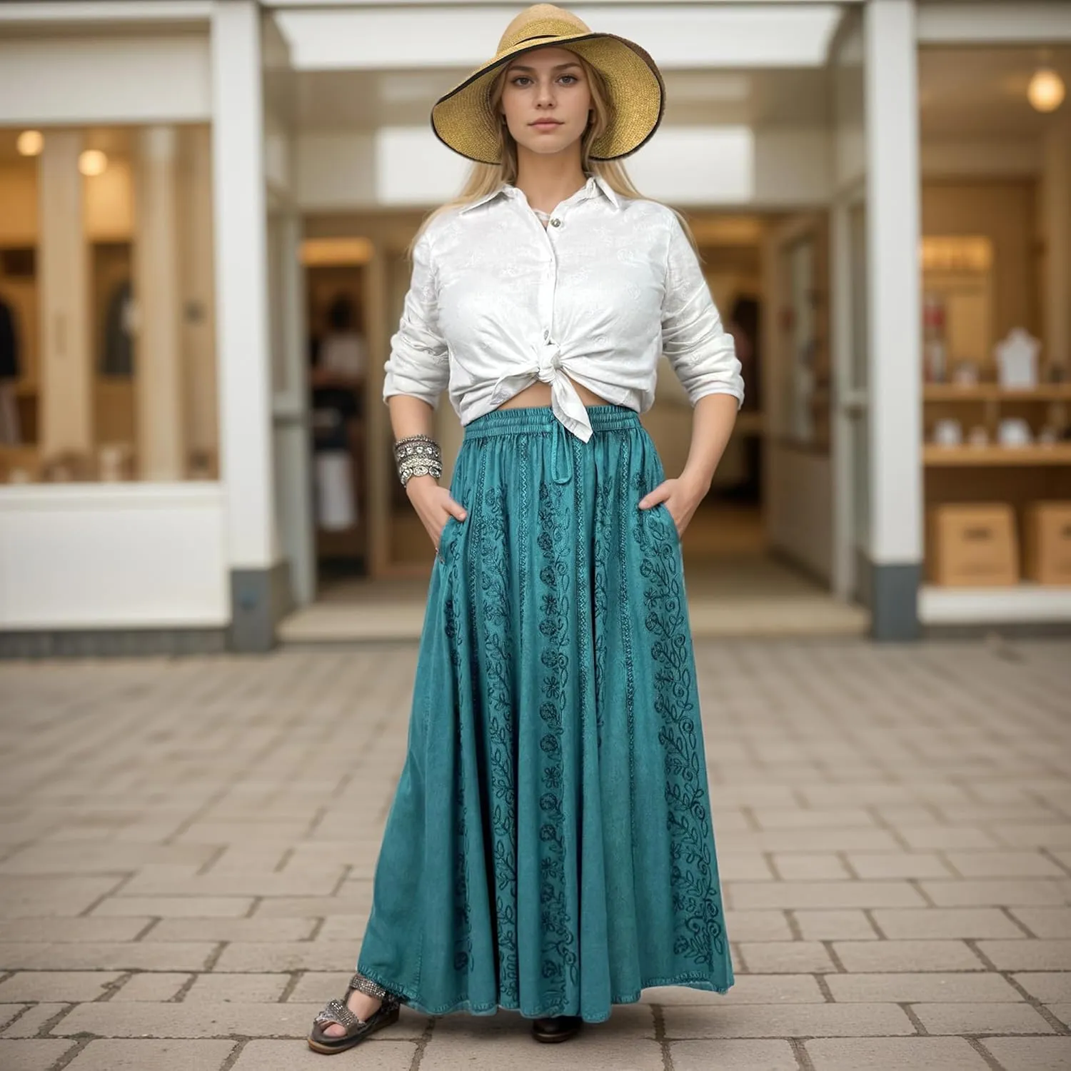 Agan Traders Women's 2025 Summer A Line Flared Floral Embroidered Panel Flowy High Waisted Maxi Skirt