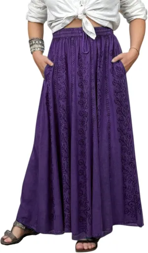 Agan Traders Women's 2025 Summer A Line Flared Floral Embroidered Panel Flowy High Waisted Maxi Skirt