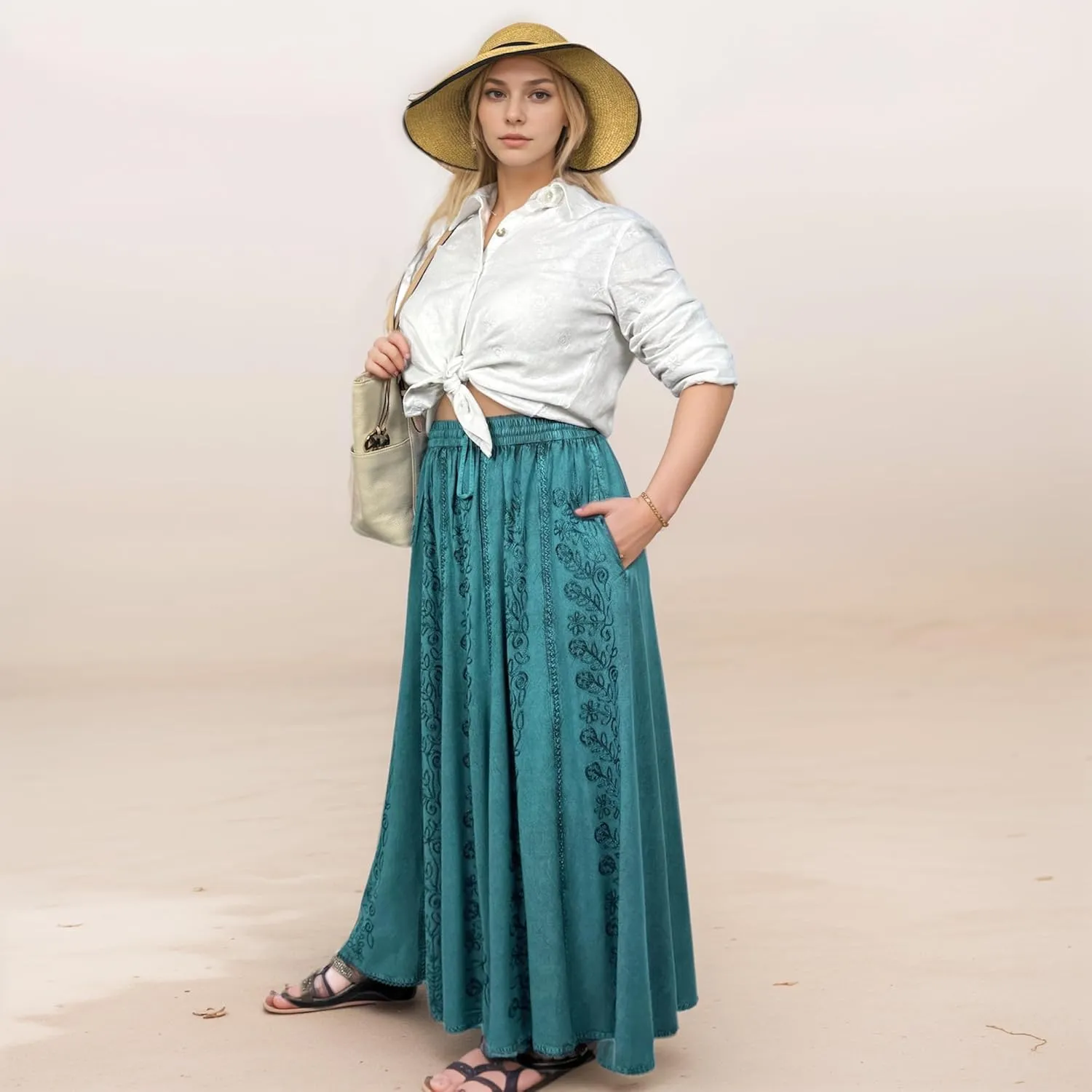 Agan Traders Women's 2025 Summer A Line Flared Floral Embroidered Panel Flowy High Waisted Maxi Skirt