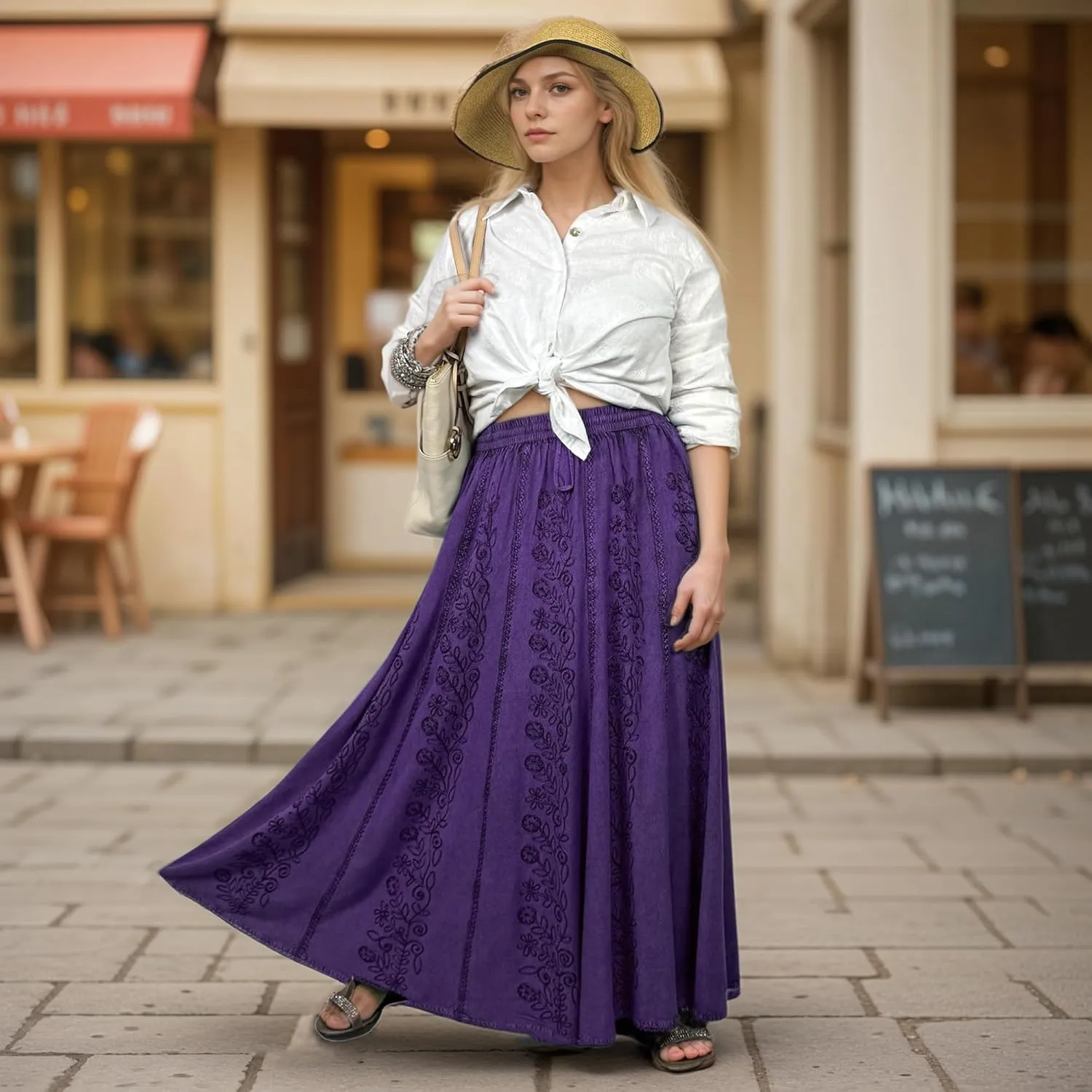 Agan Traders Women's 2025 Summer A Line Flared Floral Embroidered Panel Flowy High Waisted Maxi Skirt