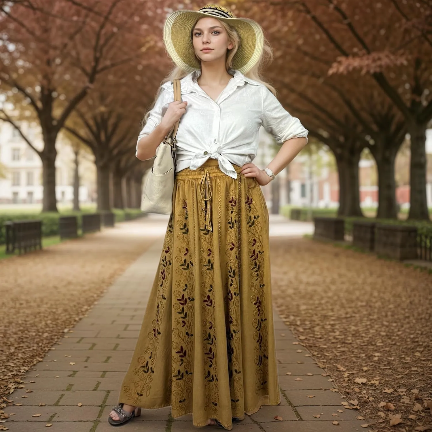 Agan Traders Women's 2025 Summer A Line Flared Floral Embroidered Panel Flowy High Waisted Maxi Skirt