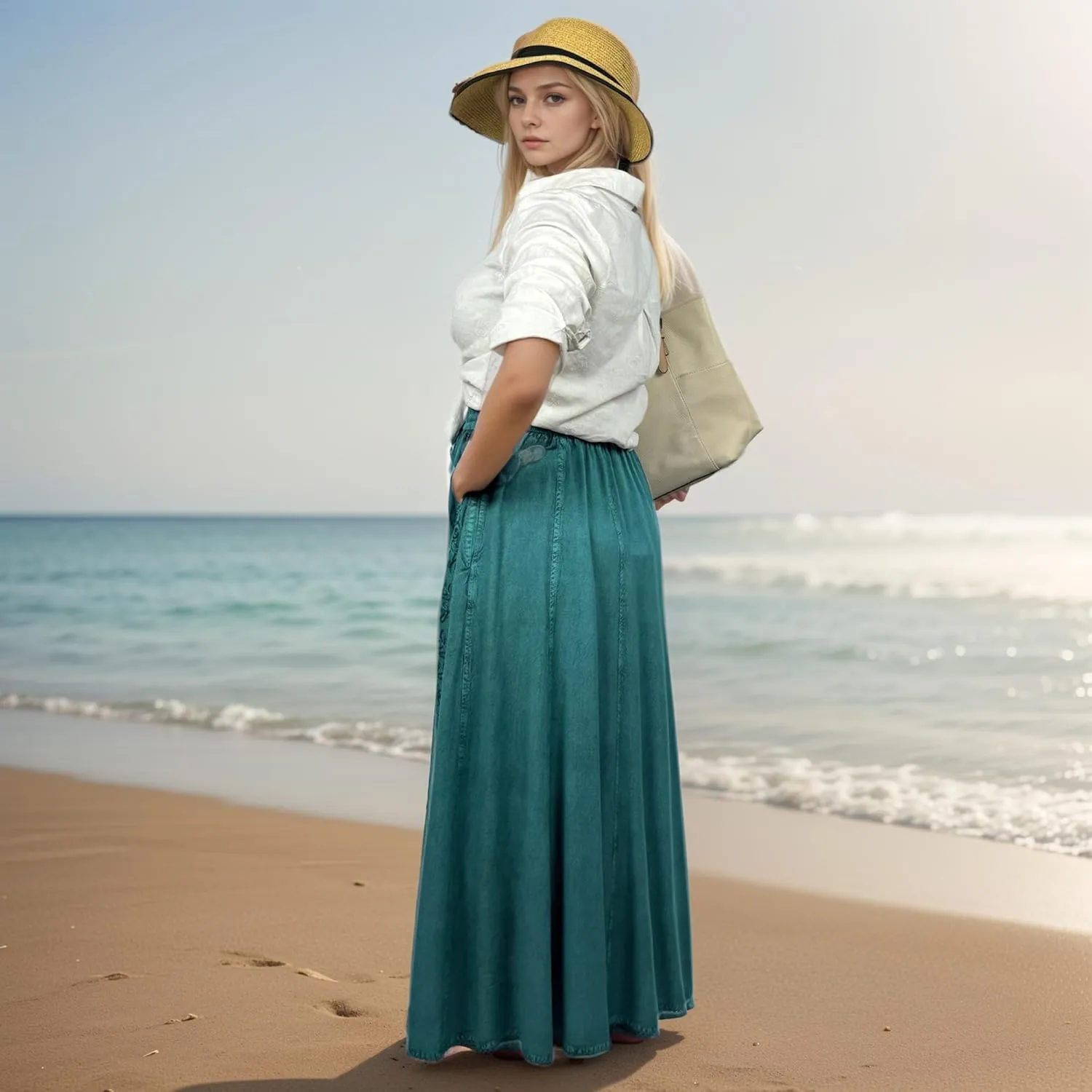 Agan Traders Women's 2025 Summer A Line Flared Floral Embroidered Panel Flowy High Waisted Maxi Skirt