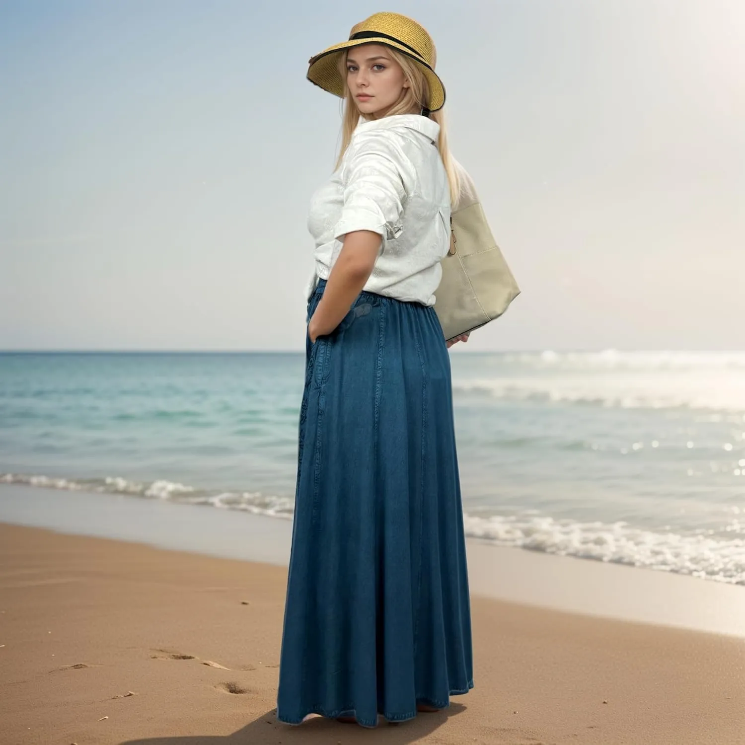 Agan Traders Women's 2025 Summer A Line Flared Floral Embroidered Panel Flowy High Waisted Maxi Skirt