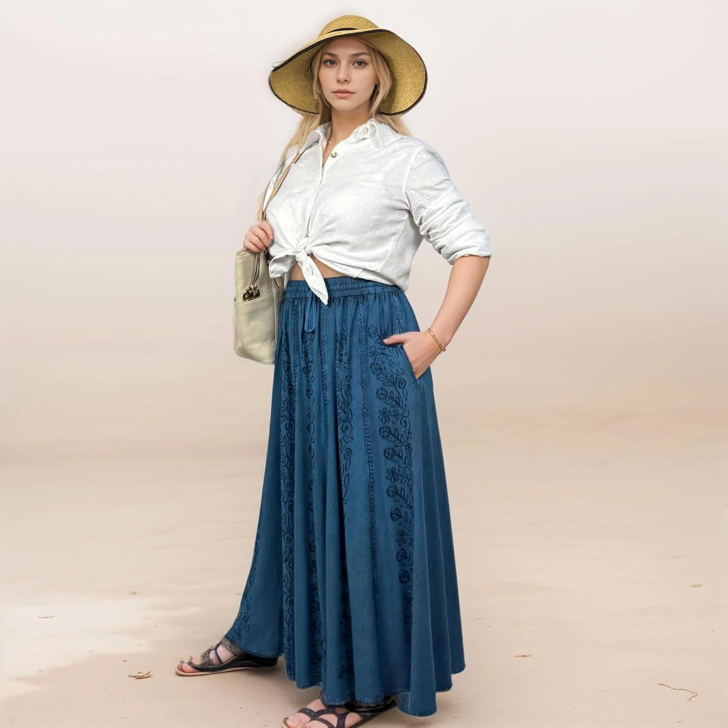 Agan Traders Women's 2025 Summer A Line Flared Floral Embroidered Panel Flowy High Waisted Maxi Skirt