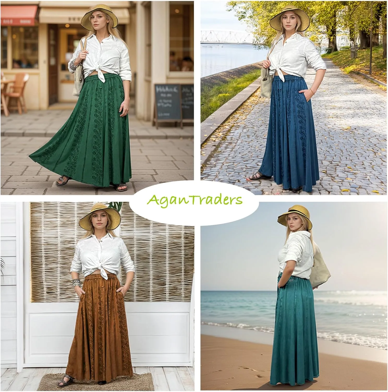 Agan Traders Women's 2025 Summer A Line Flared Floral Embroidered Panel Flowy High Waisted Maxi Skirt