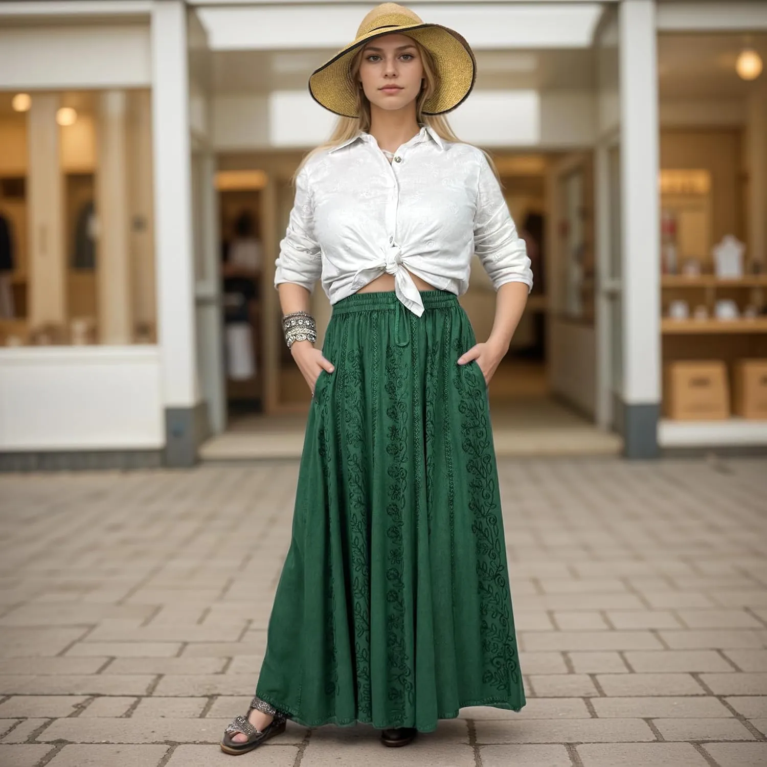 Agan Traders Women's 2025 Summer A Line Flared Floral Embroidered Panel Flowy High Waisted Maxi Skirt