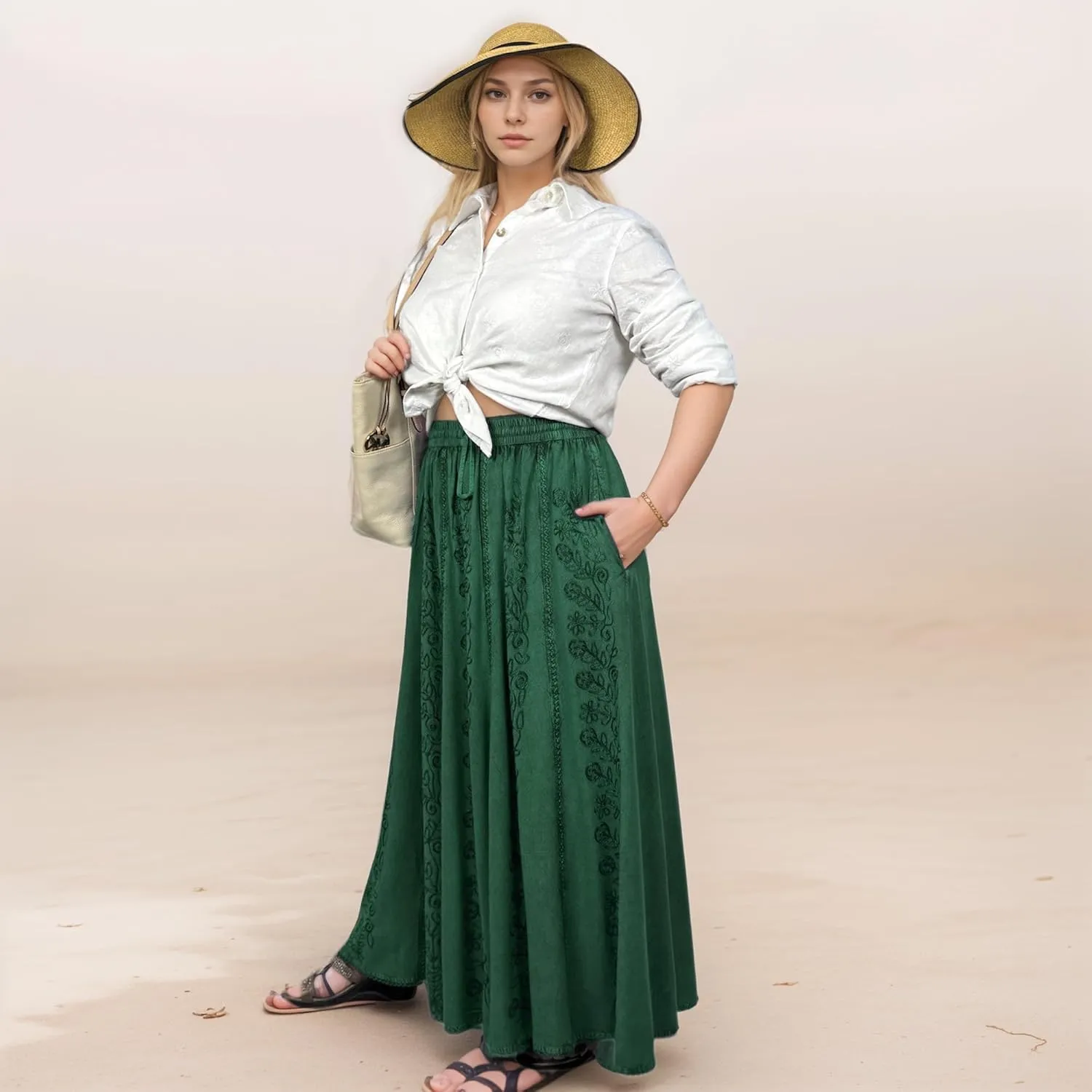 Agan Traders Women's 2025 Summer A Line Flared Floral Embroidered Panel Flowy High Waisted Maxi Skirt