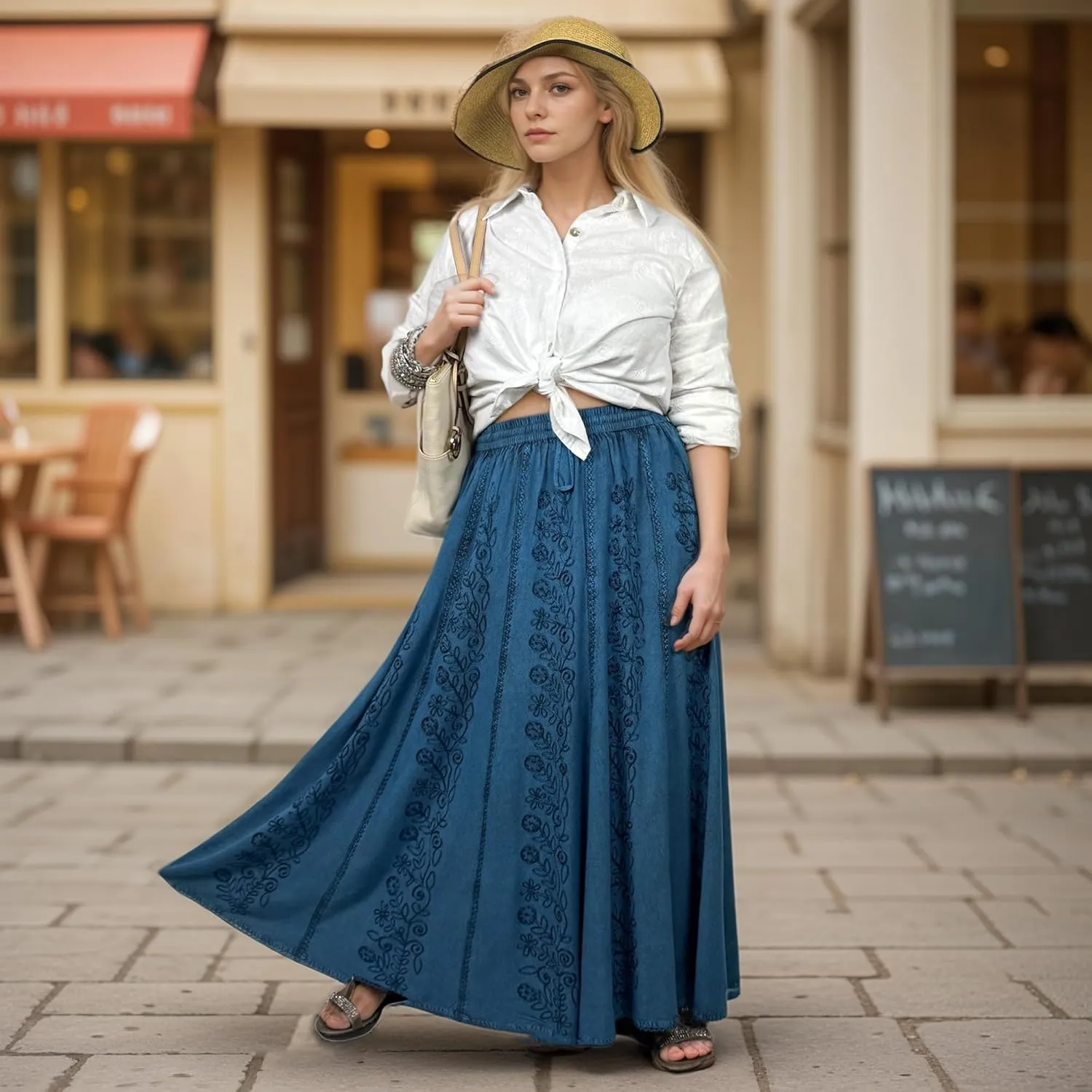 Agan Traders Women's 2025 Summer A Line Flared Floral Embroidered Panel Flowy High Waisted Maxi Skirt