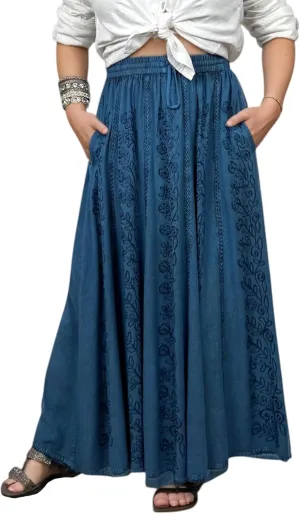 Agan Traders Women's 2025 Summer A Line Flared Floral Embroidered Panel Flowy High Waisted Maxi Skirt