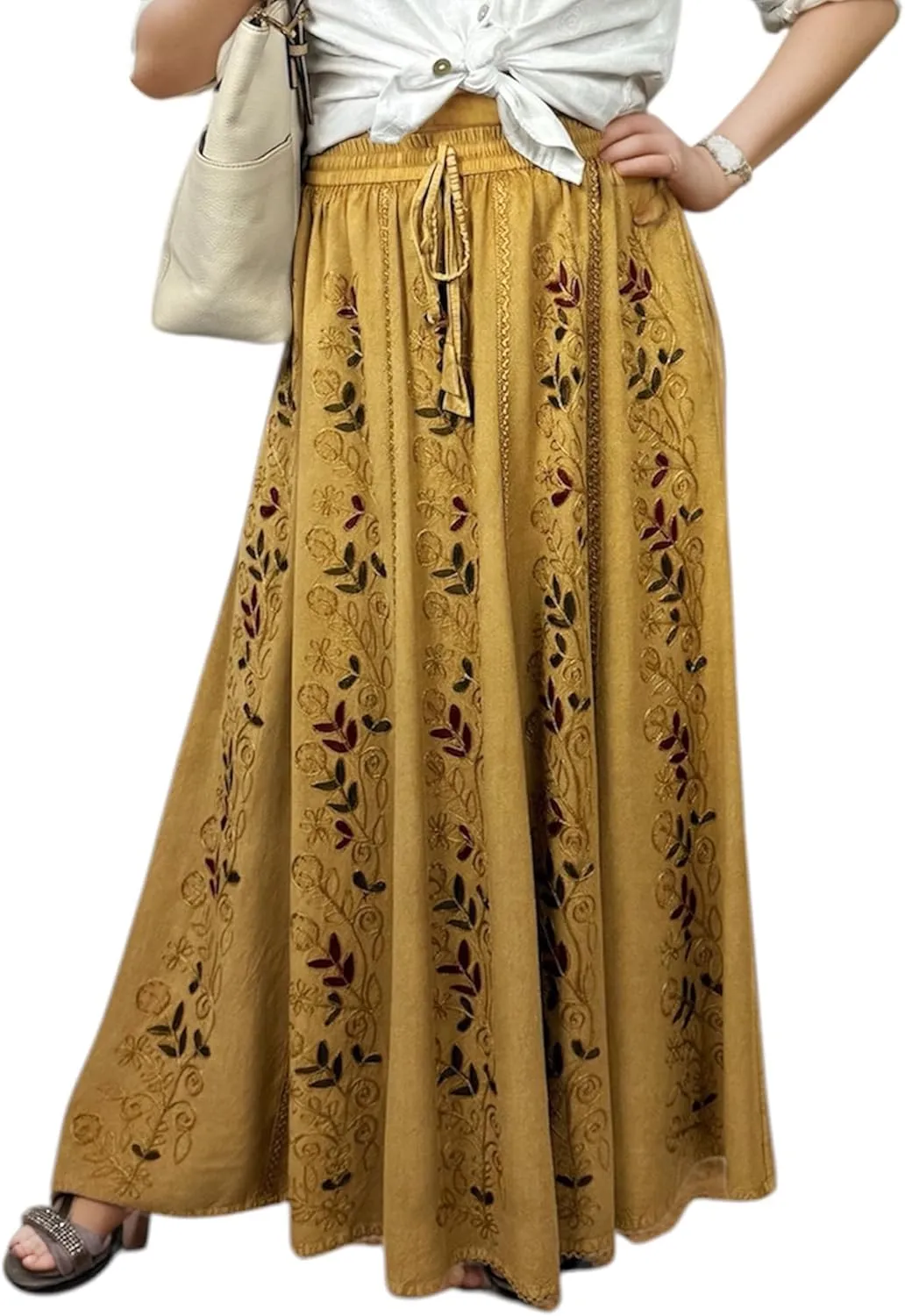 Agan Traders Women's 2025 Summer A Line Flared Floral Embroidered Panel Flowy High Waisted Maxi Skirt