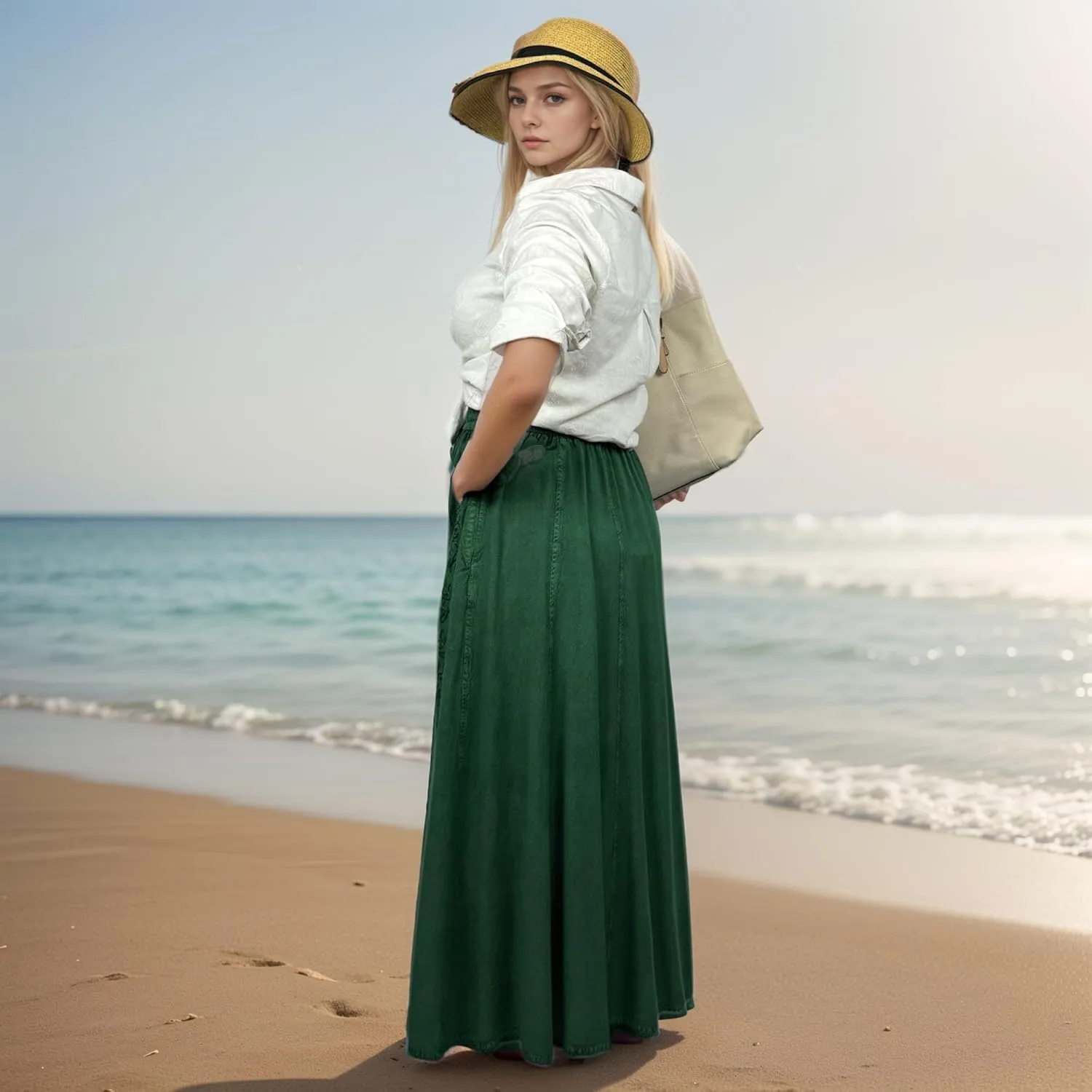 Agan Traders Women's 2025 Summer A Line Flared Floral Embroidered Panel Flowy High Waisted Maxi Skirt