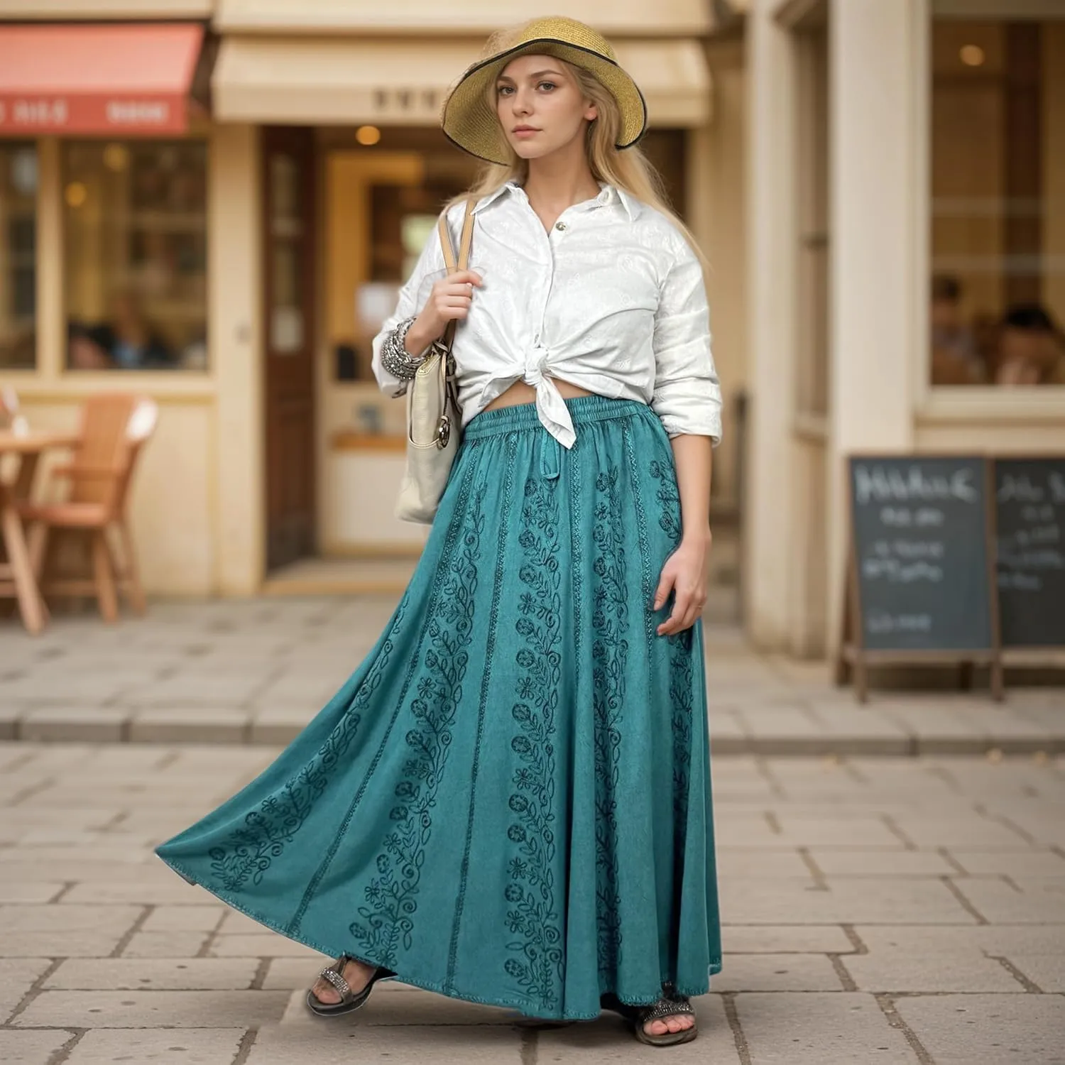 Agan Traders Women's 2025 Summer A Line Flared Floral Embroidered Panel Flowy High Waisted Maxi Skirt