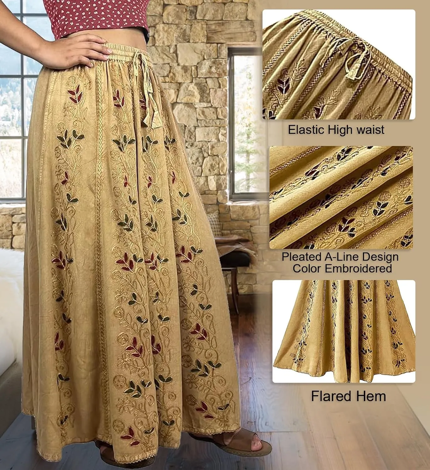 Agan Traders Women's 2025 Summer A Line Flared Floral Embroidered Panel Flowy High Waisted Maxi Skirt