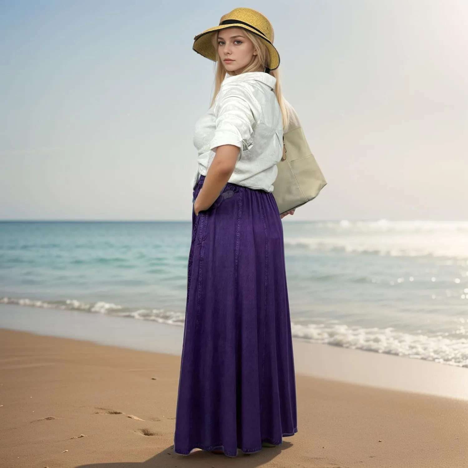 Agan Traders Women's 2025 Summer A Line Flared Floral Embroidered Panel Flowy High Waisted Maxi Skirt
