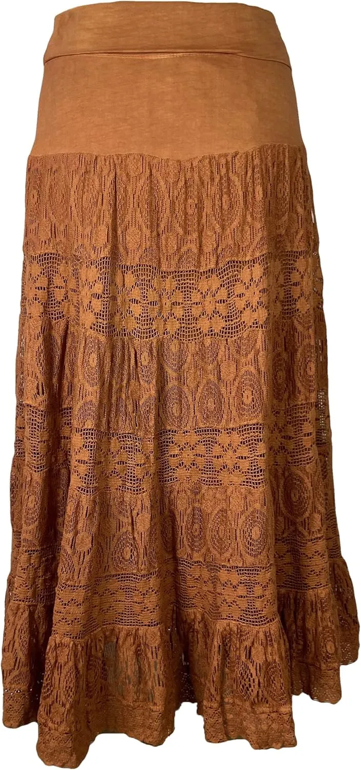 Agan Traders Women's 2025 Summer Boho Peasant Tiered Long Lace Skirt Maxi - Net Flared Long Maxi Skirts for Women