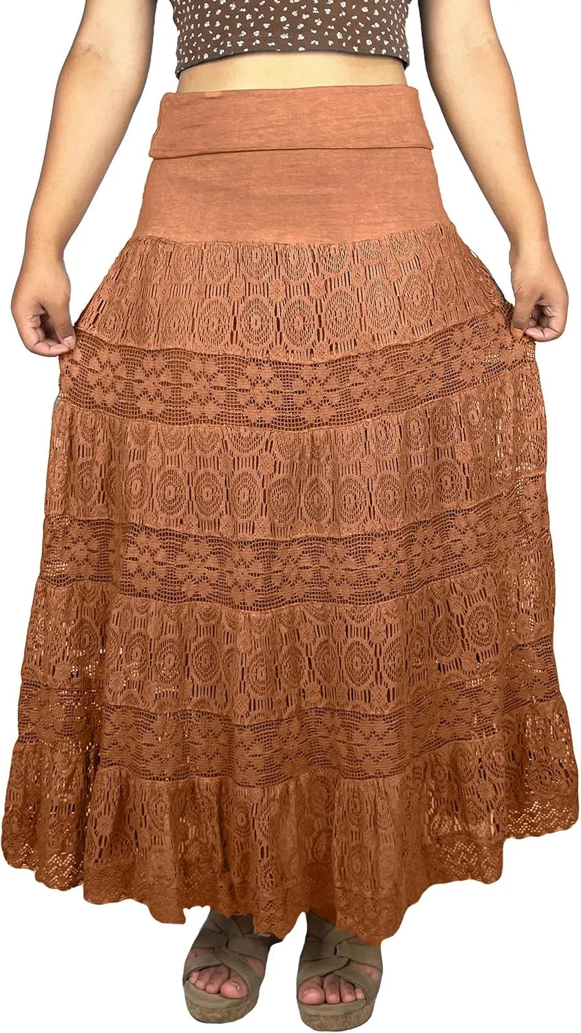 Agan Traders Women's 2025 Summer Boho Peasant Tiered Long Lace Skirt Maxi - Net Flared Long Maxi Skirts for Women