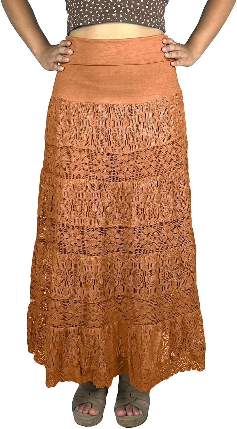 Agan Traders Women's 2025 Summer Boho Peasant Tiered Long Lace Skirt Maxi - Net Flared Long Maxi Skirts for Women