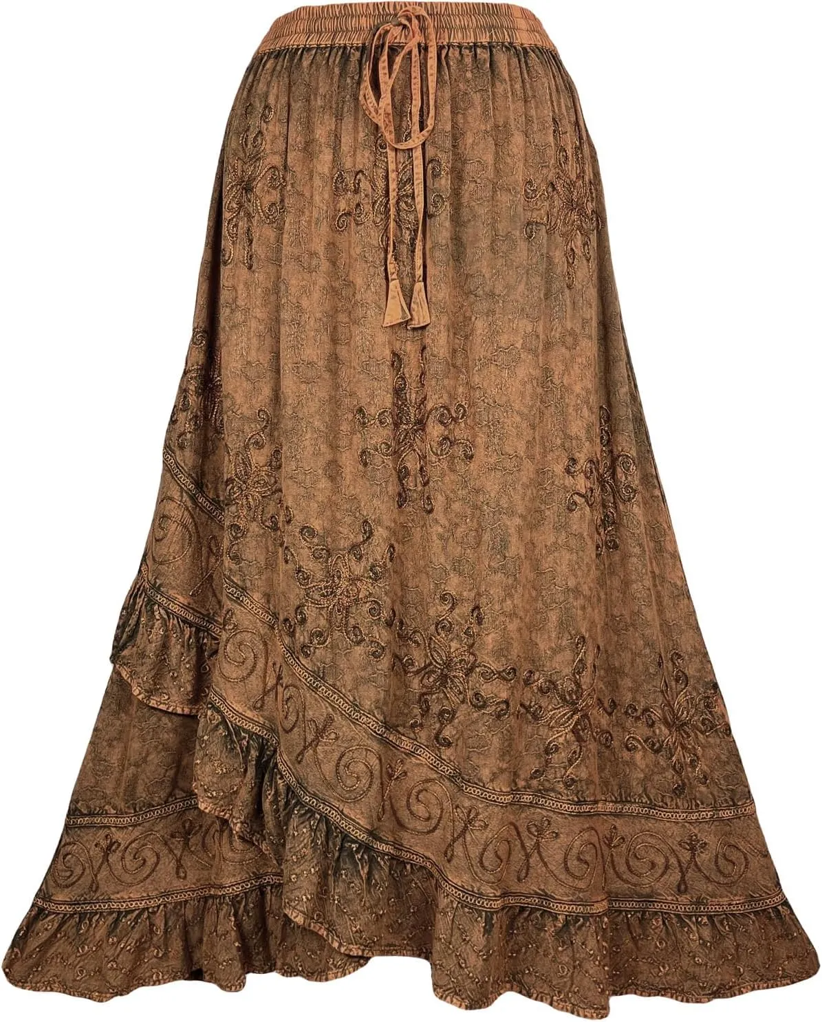 Agan Traders Women's 2025 Summer Western Boho Vintage Drawstring Embroidered Flared Ruffle High Waist Long Skirt