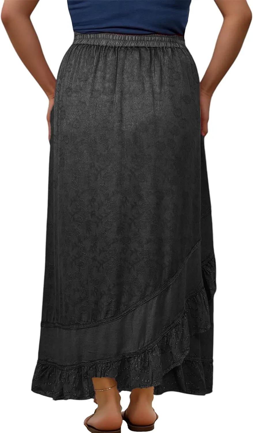 Agan Traders Women's 2025 Summer Western Boho Vintage Drawstring Embroidered Flared Ruffle High Waist Long Skirt