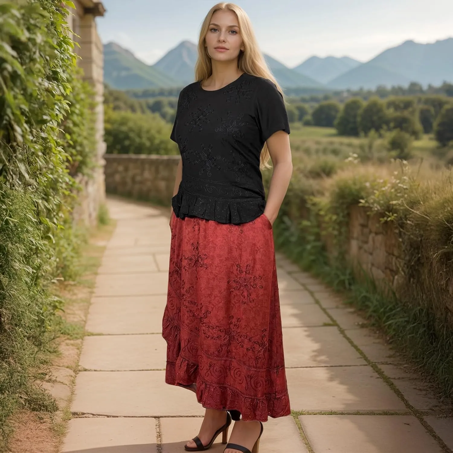 Agan Traders Women's 2025 Summer Western Boho Vintage Drawstring Embroidered Flared Ruffle High Waist Long Skirt