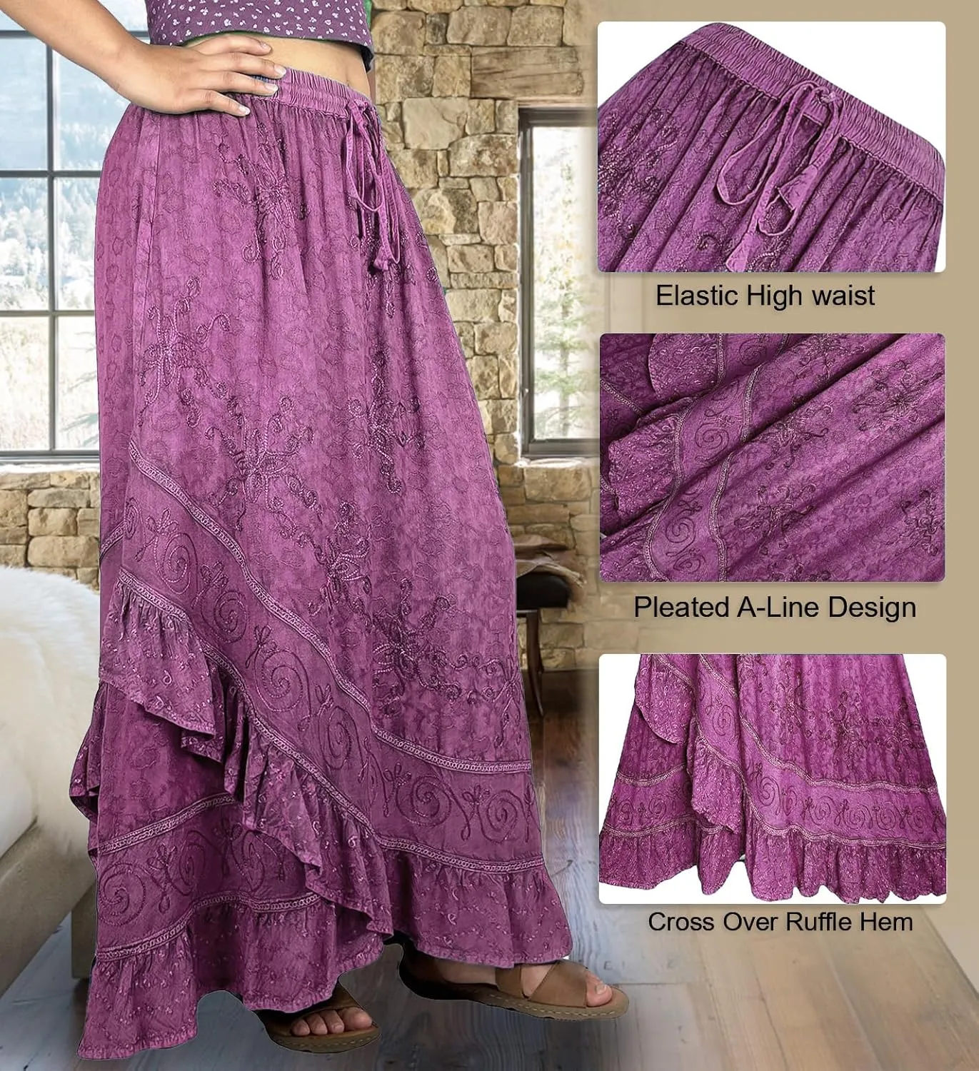 Agan Traders Women's 2025 Summer Western Boho Vintage Drawstring Embroidered Flared Ruffle High Waist Long Skirt
