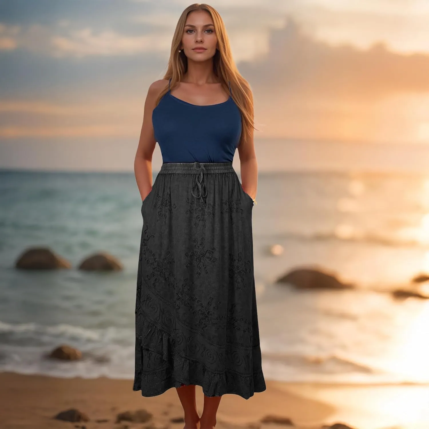Agan Traders Women's 2025 Summer Western Boho Vintage Drawstring Embroidered Flared Ruffle High Waist Long Skirt