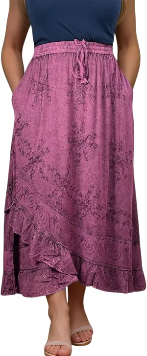 Agan Traders Women's 2025 Summer Western Boho Vintage Drawstring Embroidered Flared Ruffle High Waist Long Skirt