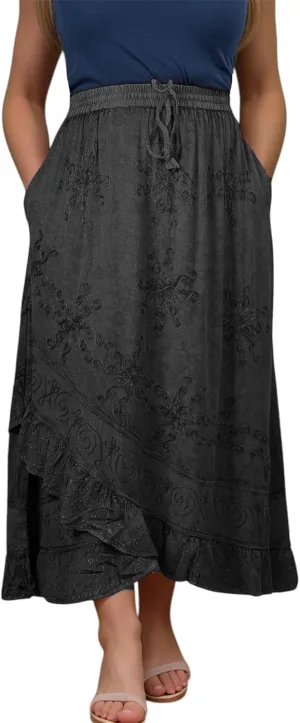 Agan Traders Women's 2025 Summer Western Boho Vintage Drawstring Embroidered Flared Ruffle High Waist Long Skirt