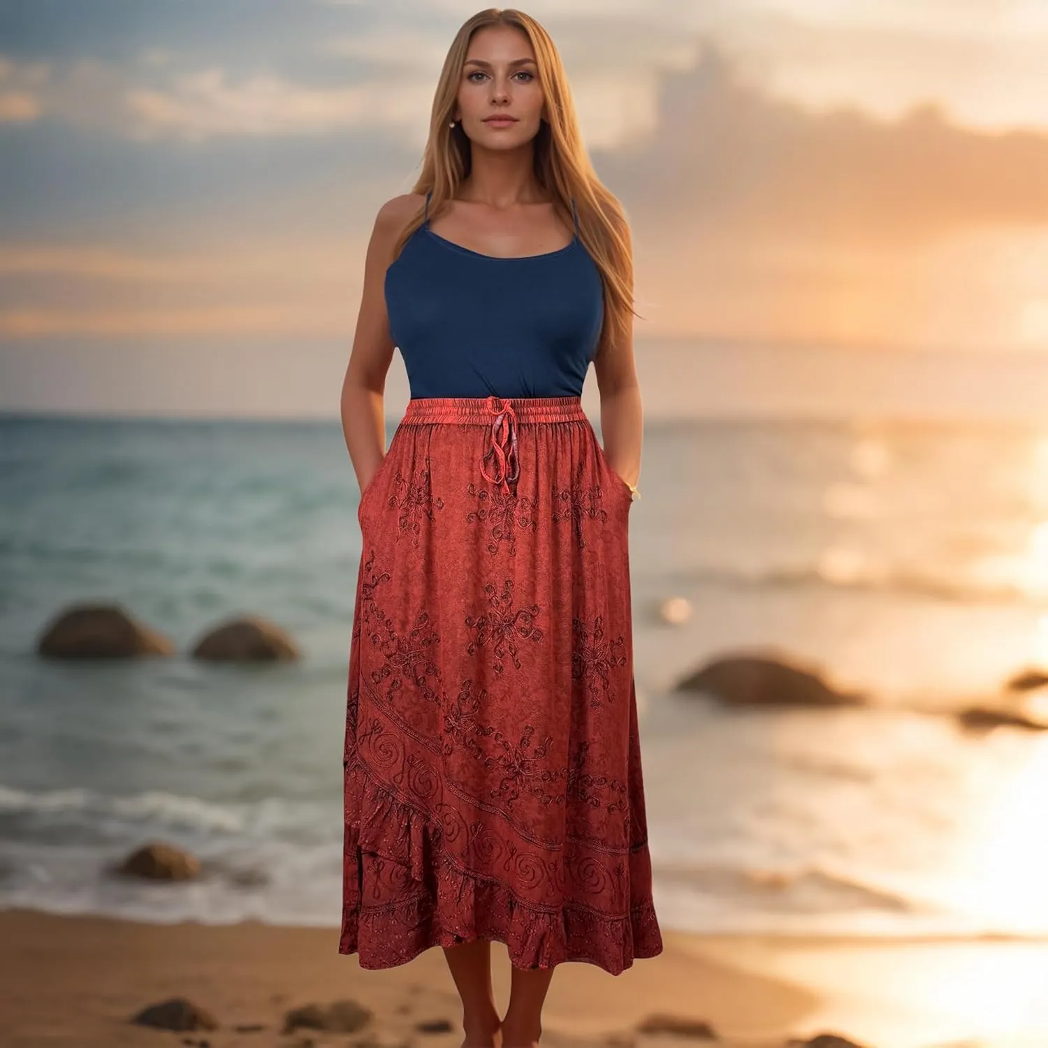 Agan Traders Women's 2025 Summer Western Boho Vintage Drawstring Embroidered Flared Ruffle High Waist Long Skirt