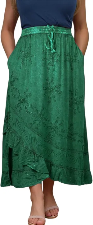 Agan Traders Women's 2025 Summer Western Boho Vintage Drawstring Embroidered Flared Ruffle High Waist Long Skirt