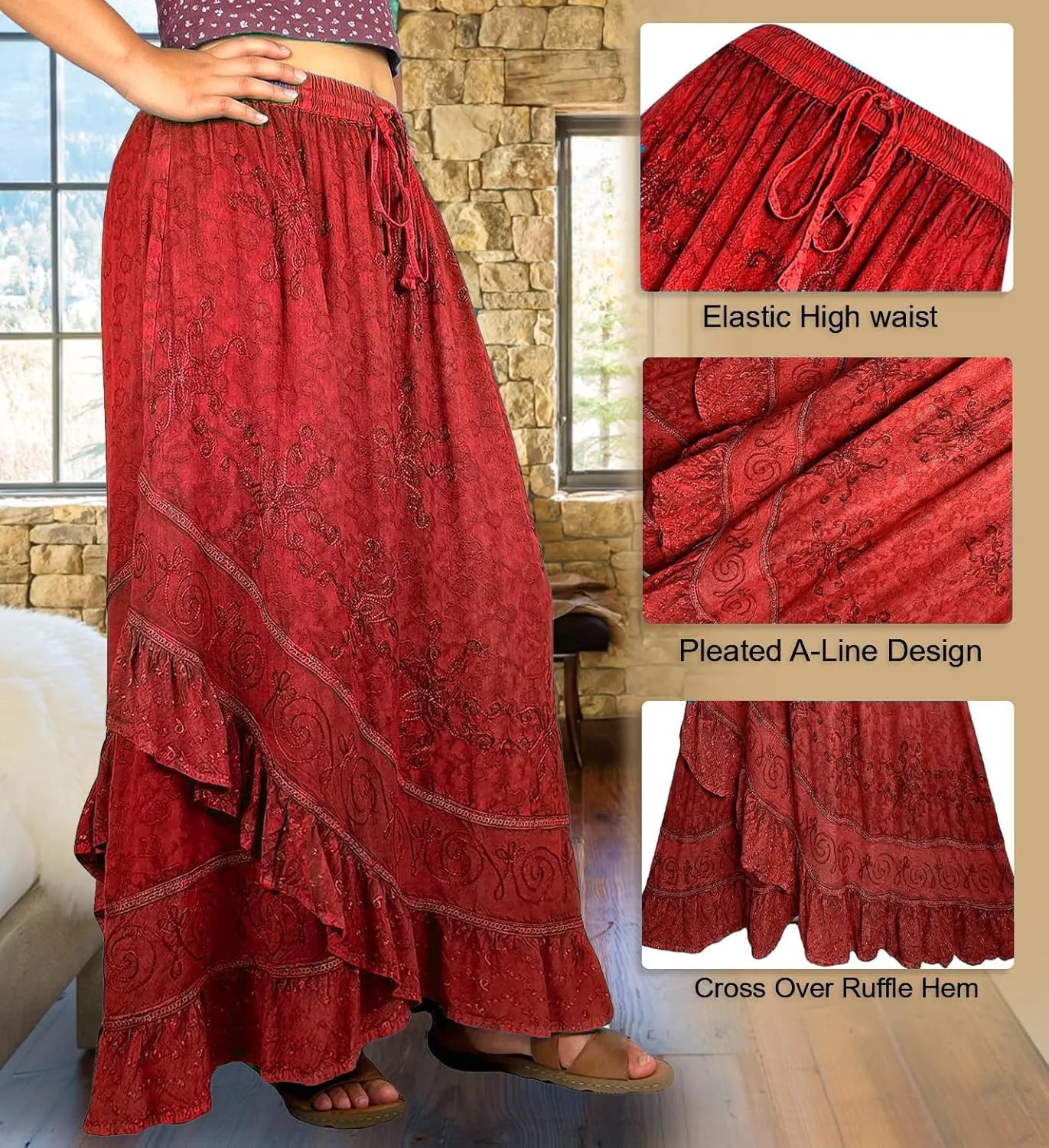 Agan Traders Women's 2025 Summer Western Boho Vintage Drawstring Embroidered Flared Ruffle High Waist Long Skirt