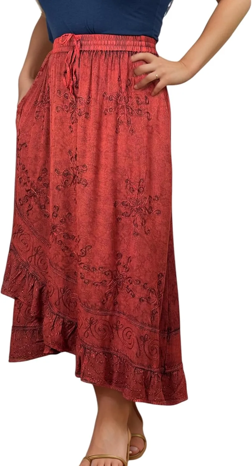 Agan Traders Women's 2025 Summer Western Boho Vintage Drawstring Embroidered Flared Ruffle High Waist Long Skirt