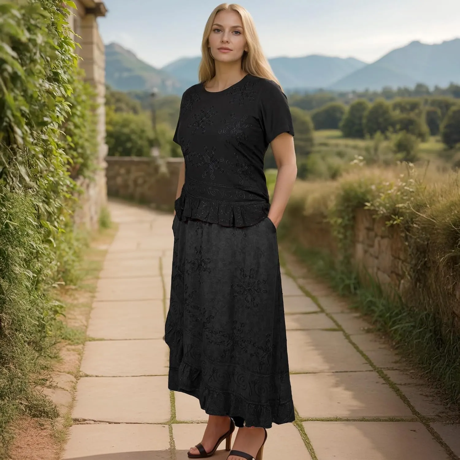 Agan Traders Women's 2025 Summer Western Boho Vintage Drawstring Embroidered Flared Ruffle High Waist Long Skirt