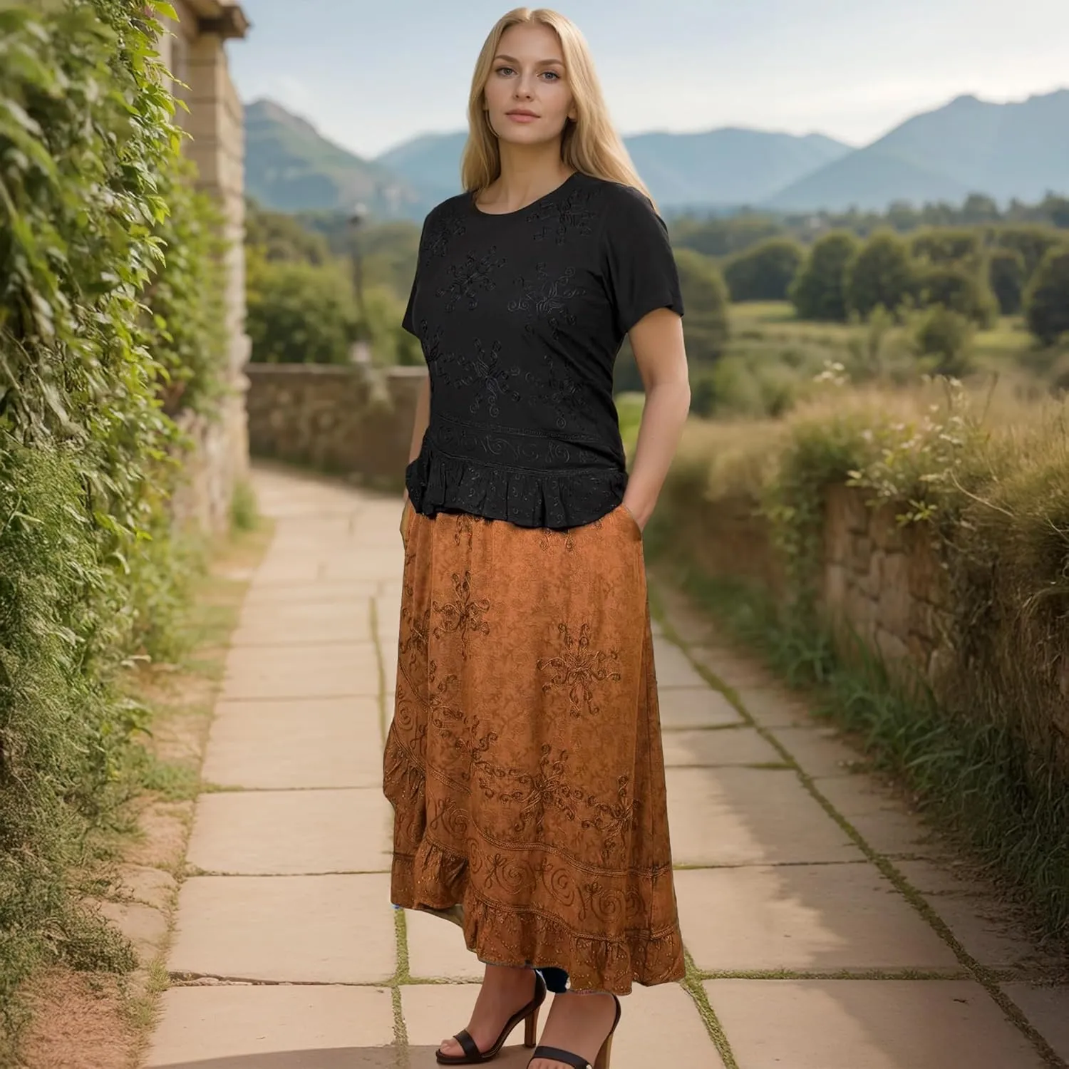 Agan Traders Women's 2025 Summer Western Boho Vintage Drawstring Embroidered Flared Ruffle High Waist Long Skirt