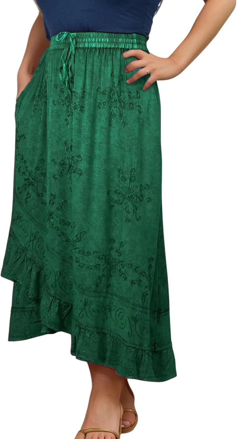 Agan Traders Women's 2025 Summer Western Boho Vintage Drawstring Embroidered Flared Ruffle High Waist Long Skirt