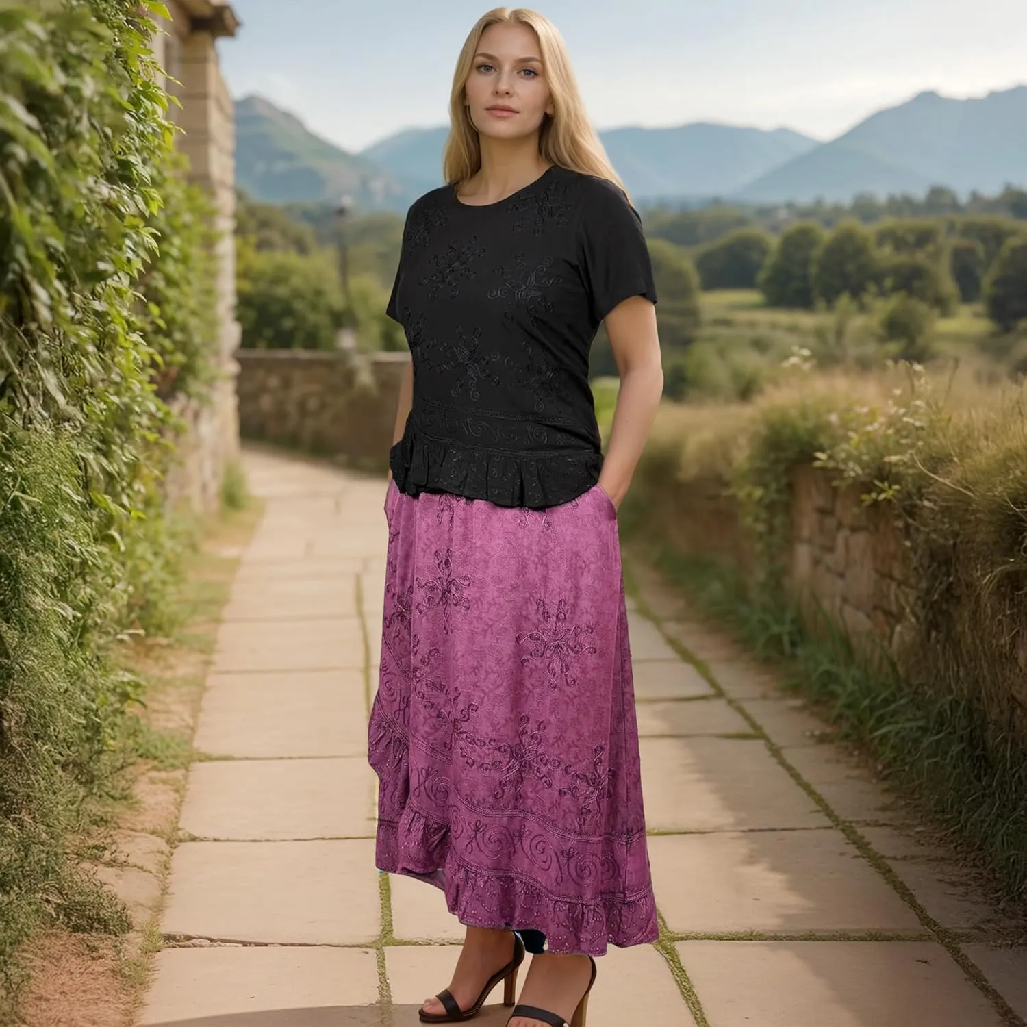 Agan Traders Women's 2025 Summer Western Boho Vintage Drawstring Embroidered Flared Ruffle High Waist Long Skirt