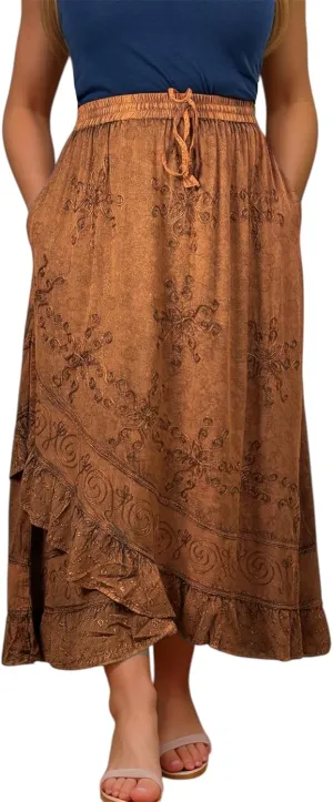 Agan Traders Women's 2025 Summer Western Boho Vintage Drawstring Embroidered Flared Ruffle High Waist Long Skirt