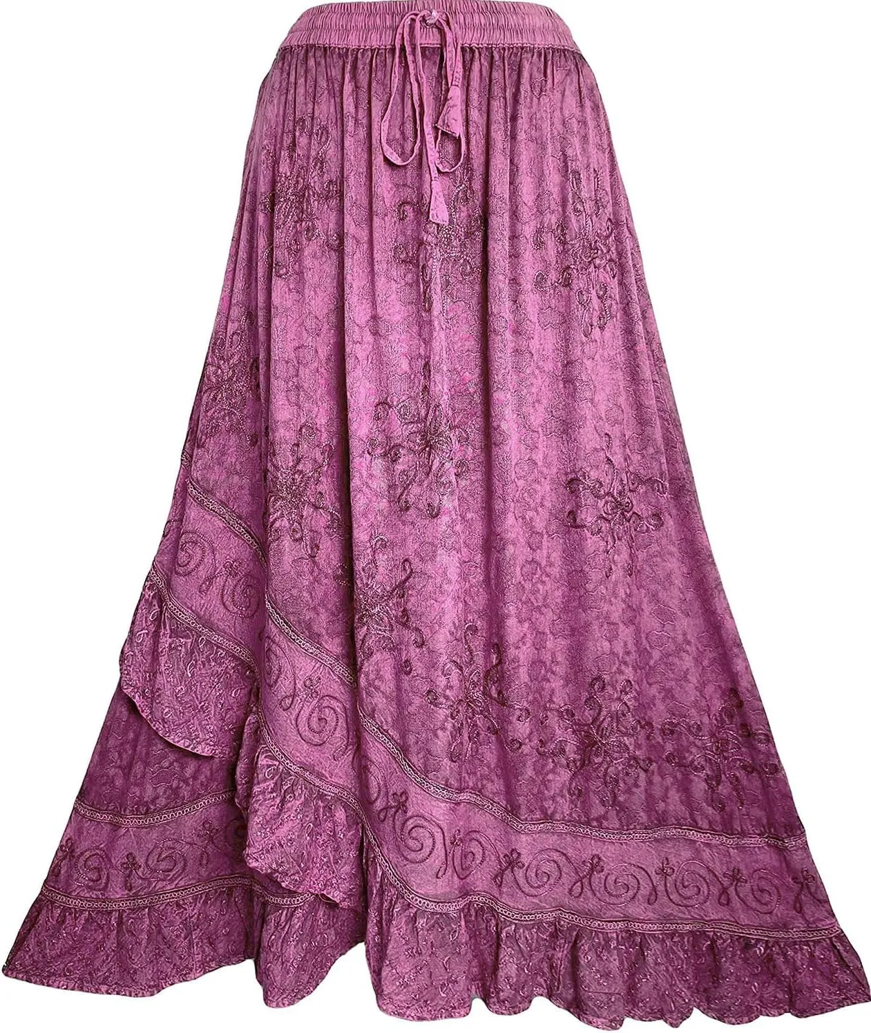 Agan Traders Women's 2025 Summer Western Boho Vintage Drawstring Embroidered Flared Ruffle High Waist Long Skirt