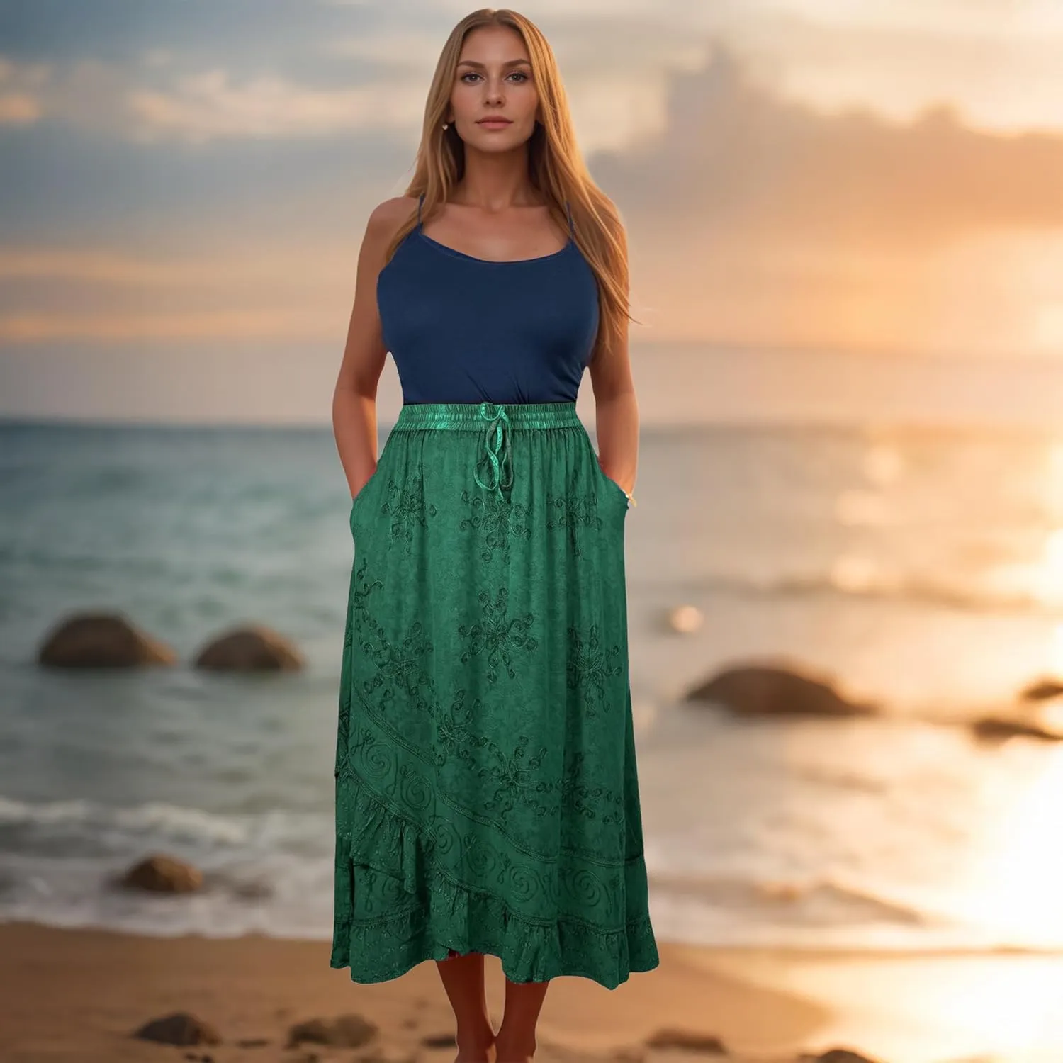 Agan Traders Women's 2025 Summer Western Boho Vintage Drawstring Embroidered Flared Ruffle High Waist Long Skirt