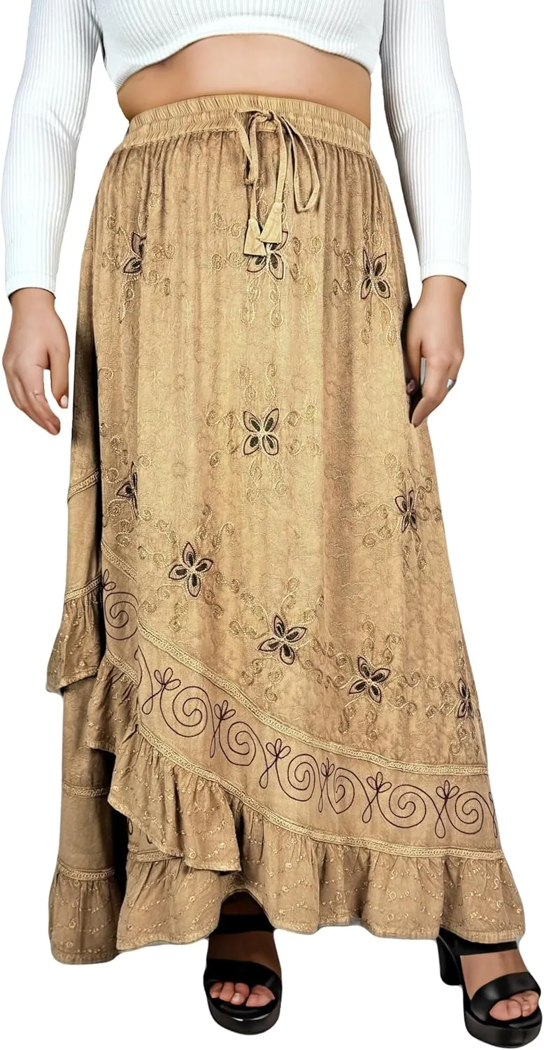 Agan Traders Women's 2025 Summer Western Boho Vintage Drawstring Embroidered Flared Ruffle High Waist Long Skirt