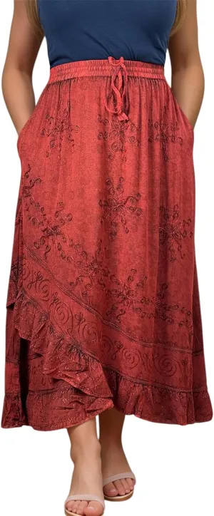 Agan Traders Women's 2025 Summer Western Boho Vintage Drawstring Embroidered Flared Ruffle High Waist Long Skirt